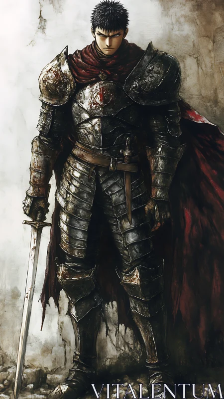 Battle-worn dark knight in bloodstained full plate armor.