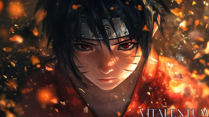 Close frontal portrait of anime warrior amid glowing embers.