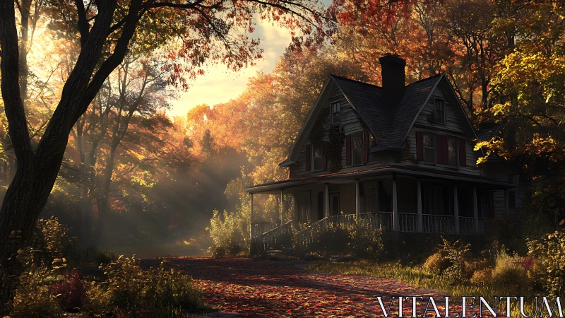 Autumn light envelopes a secluded Victorian house in woodland