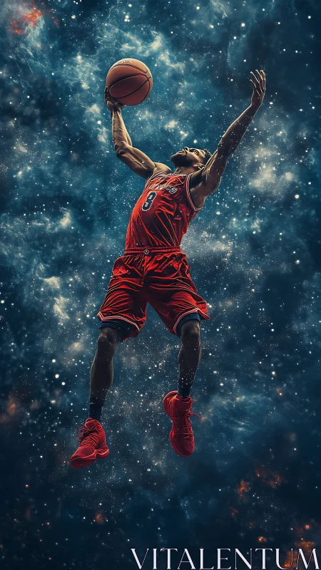 Stellar dunker soars through a cosmic nebula sky.