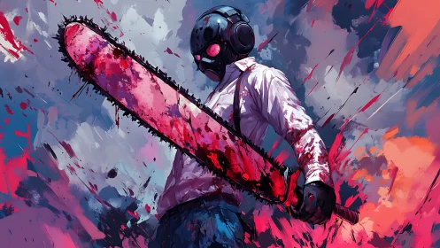 Masked antihero wields bloodied chainsaw in dynamic neon palette