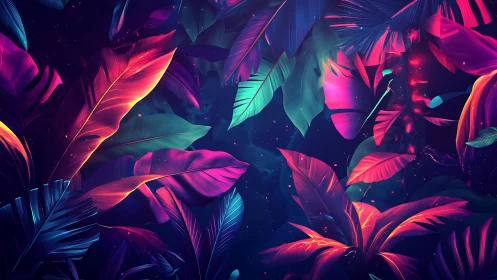 Neon jungle leaves glow gently against a dreamy night sky