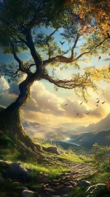 Luminous valley path under ancient windswept tree canopy.