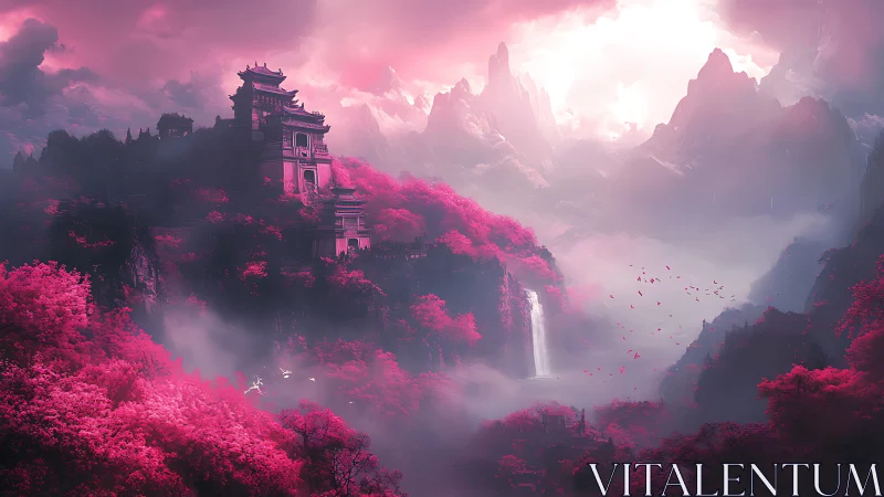 Dreamy pink mountain temple glows above misty waterfall