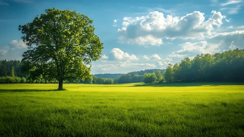 Solitary deciduous tree in open grass meadow under daylight.