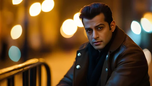 Moody street portrait with shallow depth and warm bokeh lighting