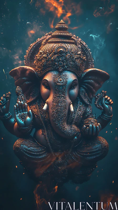 High-detail Ganesha sculpture with volumetric fire and depth haze