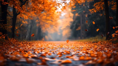Autumn forest path covered in orange leaves at ground level.