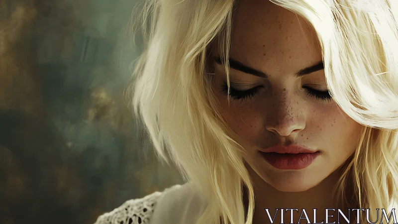 Soft light on a freckled face in quiet reflection.