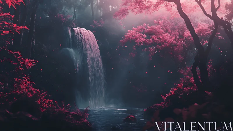 Velvet twilight waterfall amid neon-blooming dreamwoods.