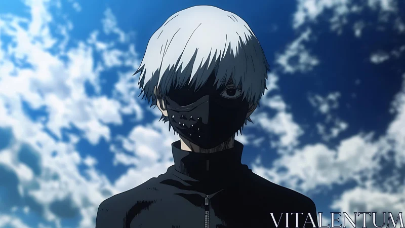 White haired masked anime figure under cloudy sky.