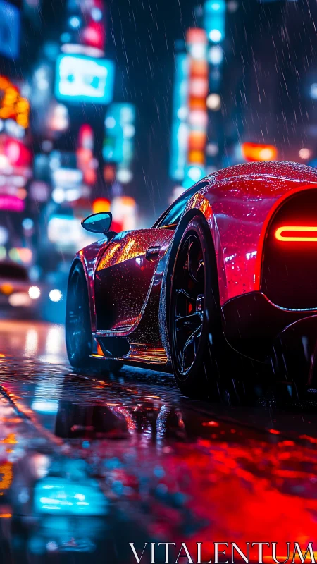 Red sports car in neon city rain with wet street reflections.