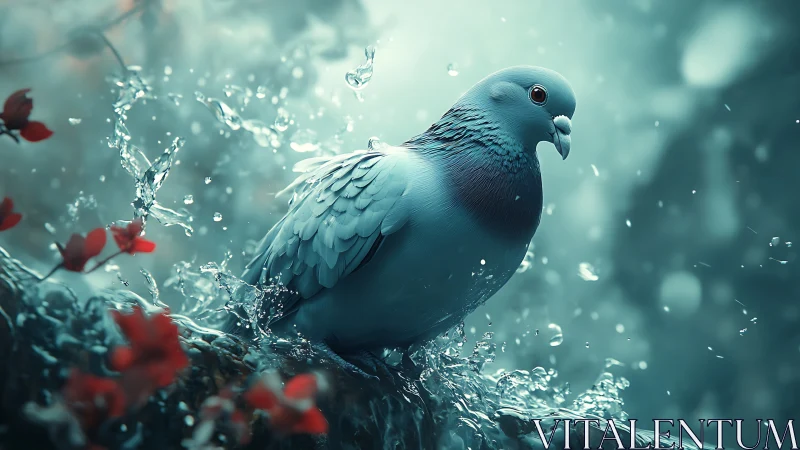 Blue pigeon on branch with water splash, dreamy and vibrant style.
