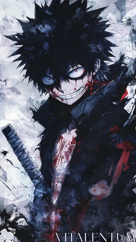 Bloodstained anime swordsman with intense grin in shadows.