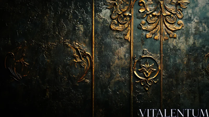 Baroque gold ornament on dark distressed metal panel.