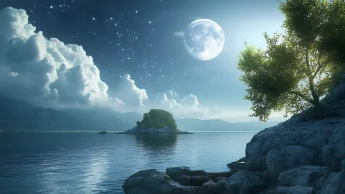 Moonlit lake sanctuary amid mountains and stone cliffs.