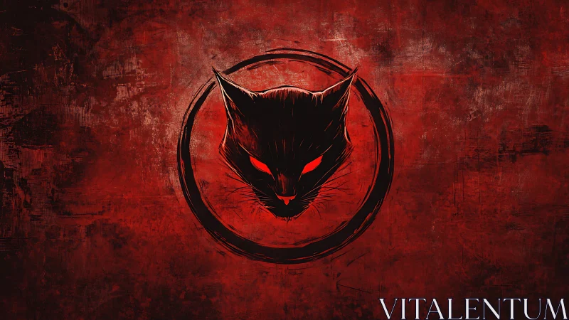 Crimson feral cat emblem glows within rough ink circle.