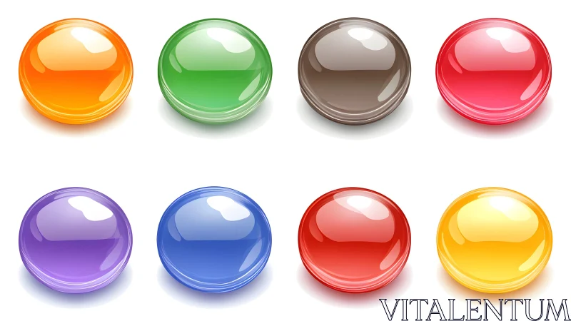 Rendered glossy spheres display eight uniform color variants