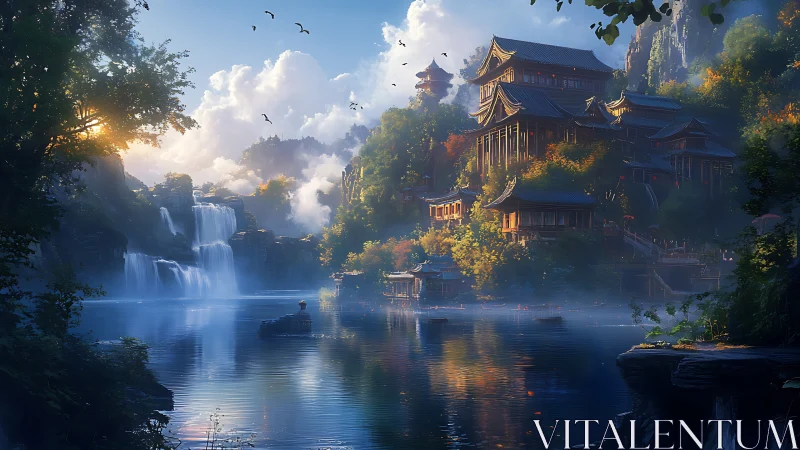 Terraced riverside pagoda complex with waterfalls at golden hour