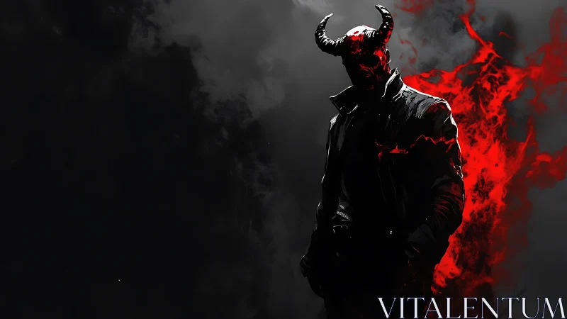 Horned demon silhouette in red infernal smoke, high contrast