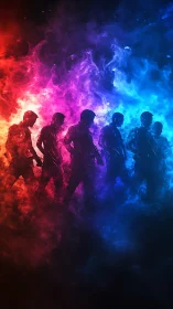 Silhouetted figures in red to blue gradient smoke field.