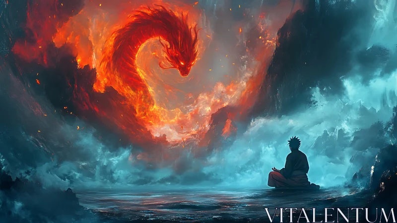 Fiery dragon spirit meets calm meditator in swirling storm