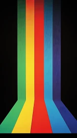 Vertical rainbow bands descend over deep black background.
