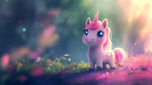 Cute pastel unicorn stands in glowing enchanted meadow