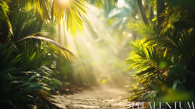 Sunlight penetrates dense tropical foliage along narrow path