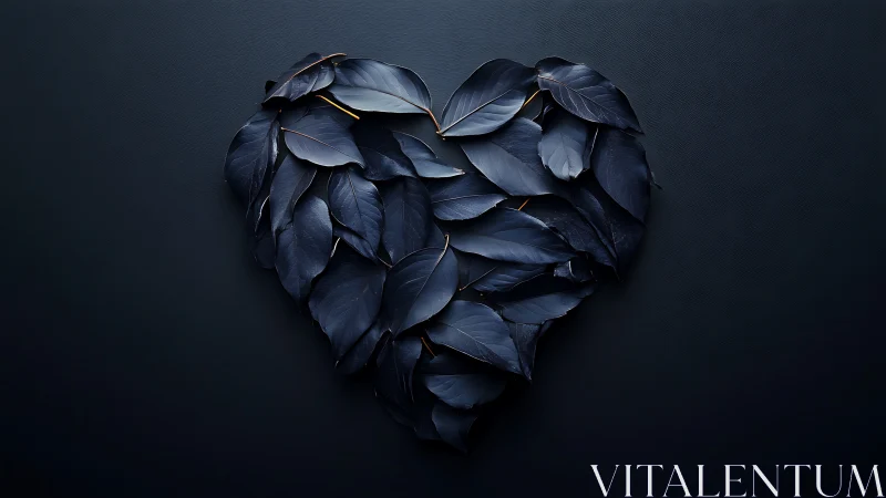 Heart-shaped arrangement of dark leaves on black background.