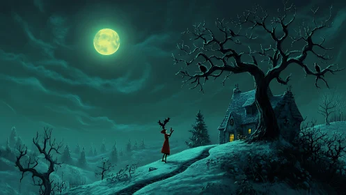 Child in red coat under full moon near eerie cottage at night.
