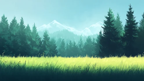 Alpine Landscape with Coniferous Forest and Snow-Capped Mountain Peaks.