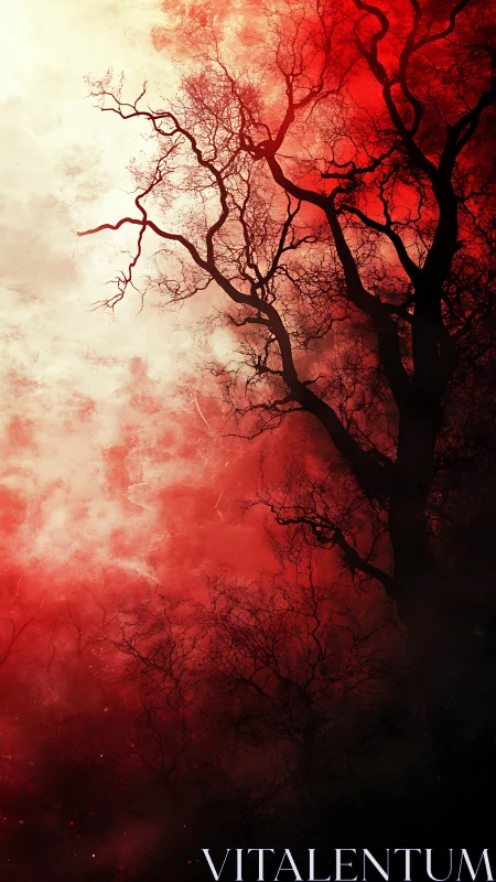 Silhouetted tree branches cut across red and white mist