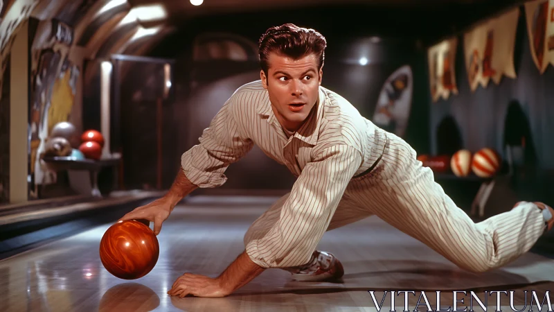 Retro bowler lunges across lane in dramatic vintage style
