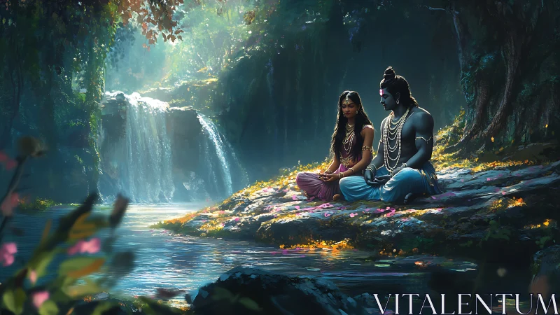 Whispered devotion beside a misty forest waterfall.