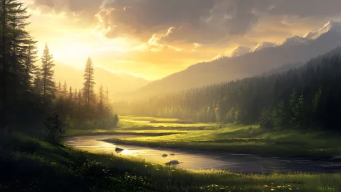 Sunlit mountain valley with winding river and dense forest