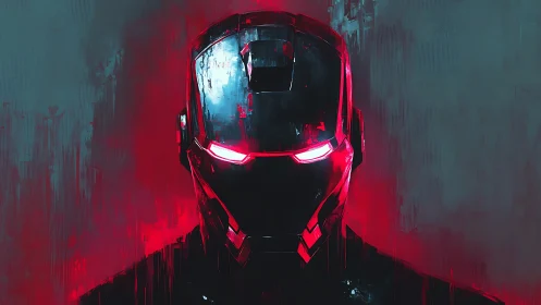 Steel guardian in neon red glow, watching the shadows.