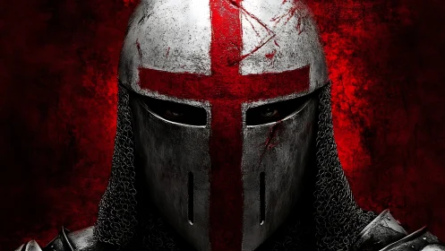 Battle-worn crusader helm stands against blood-red void.