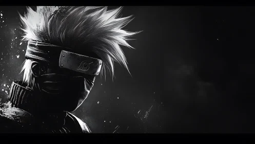 High-contrast monochrome ninja portrait with dynamic rim lighting
