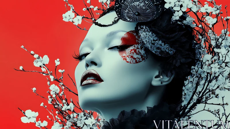 Geisha-inspired cyber muse amid blossoms on red ground.