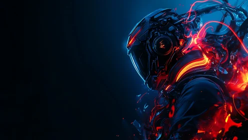Cybernetic helmeted figure with glowing red energy arcs.