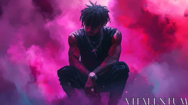 Solitary figure in neon vapor clouds, cinematic moodscape.