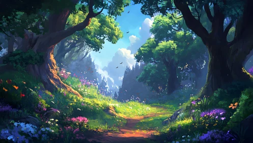 Enchanted Forest Valley with Luminous Trees and Wildflowers.