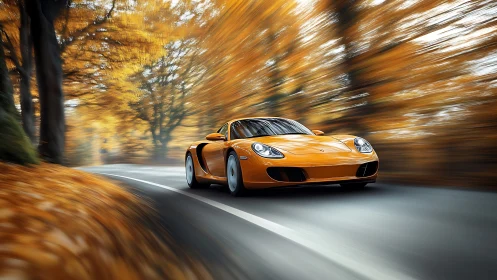 Orange sports coupé cutting through dynamic autumn motion blur.