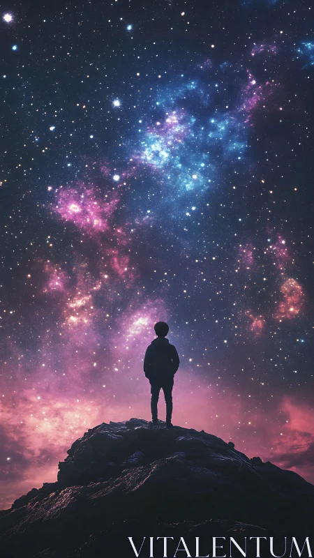 Silhouetted dreamer contemplates a vast neon-tinted cosmos