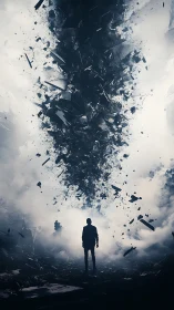 Solitary figure confronts swirling column of apocalyptic debris