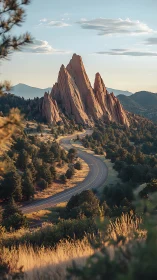Curving mountain road below sharp red rock spires at sunset.