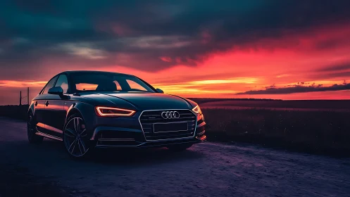 Sport sedan silhouette contrasts against high-saturation sunset sky
