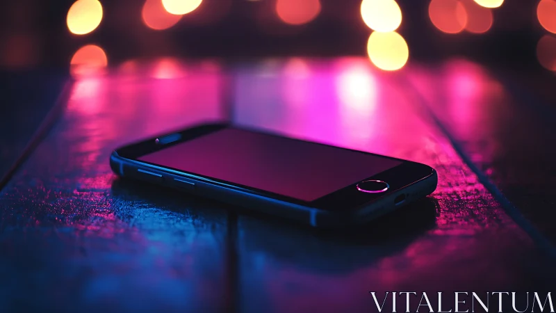 Smartphone glows with neon pink and blue ambiance.