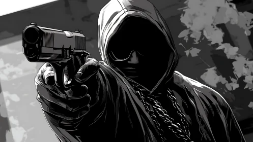 Hooded gunman confronts viewer in stark monochrome tension
